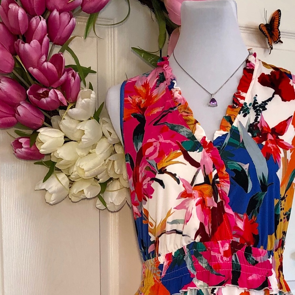 💼 Colorful V Neck Blossom Scarf Hem Sleeveless Dress - Picture 2 of 9
